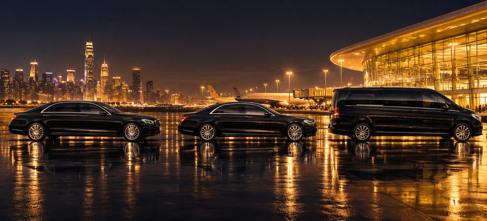 Deux berlines noires et un van de chauffeur, de profil, de nuit devant un aéroport illuminé